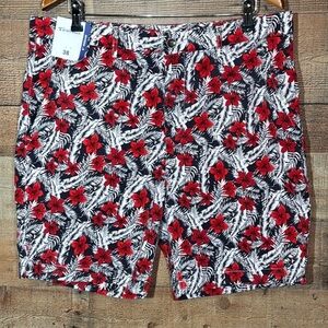 Caribbean Men’s Tropical Print Blue Red Flat Front Chino Shorts size 38 - NWT